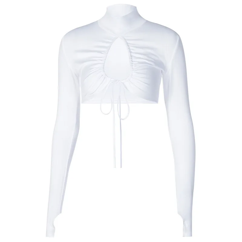 

2021 Summer Women Sexy Hollow Out T-Shirt YICIYA Drawstring Hot Street Party Clubwear Outfits Lace Up Turtleneck Ruched Tops