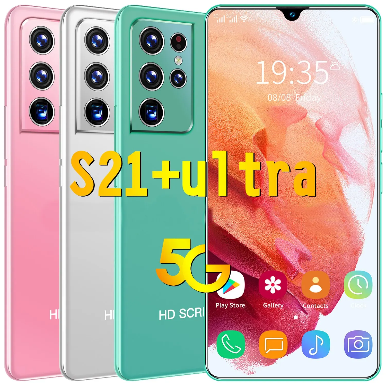 

S21+ Ultra Hot Sale 7.1 Inch 10 Core Mtk6595 Face Fingerprint Id Pink Green White Andriod 10.0 Cell Phone 1440+3040 Smartphones