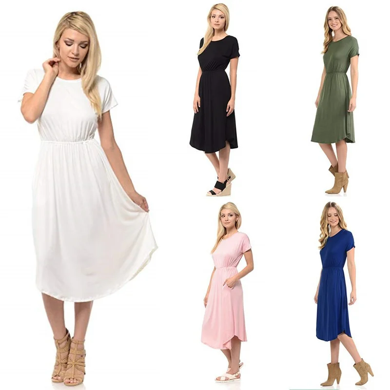 

New women's round neck bat sleeve solid long dress