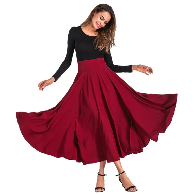 

2020 Girl Causual Bow Pleated Women Skater Skirts Knee Length Fall High Waist Ladies Solid Black Ball Gown Long Skirt 8831