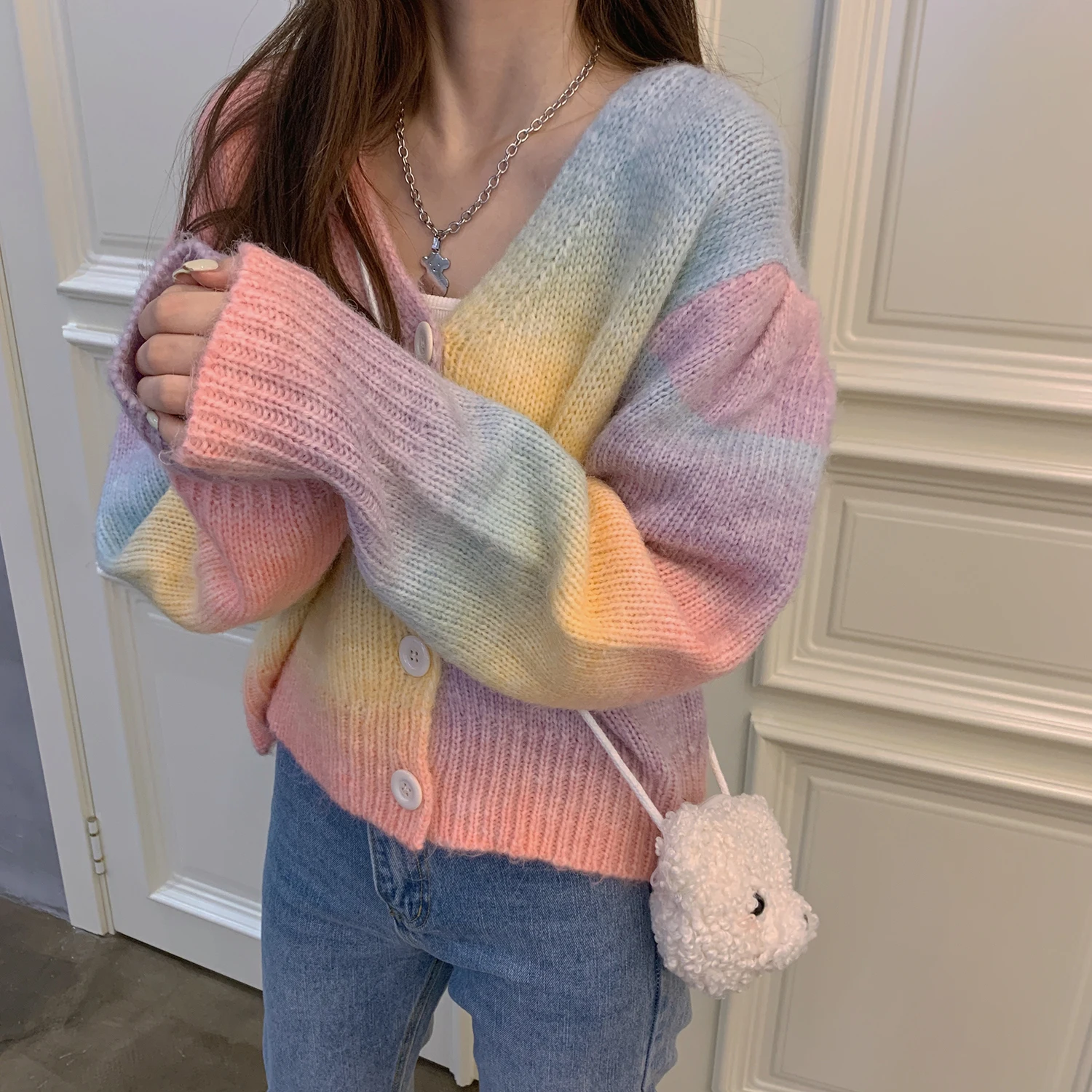 

Women Fall Sweet Loose V-neck Rainbow Sweater Spring Color Matching New Thin Soft Outerwear Cardigans Korean Style Fashion
