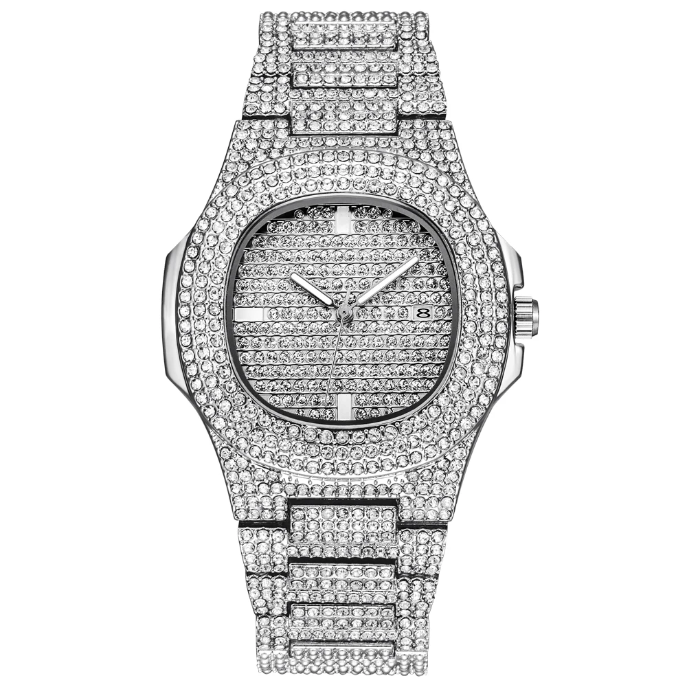 

Mens Watches Top Luxury Brand Full Steel Rhinestone Dourado Quartz Wristwatch Fashion diamond Watch Montres de Marque de Luxe
