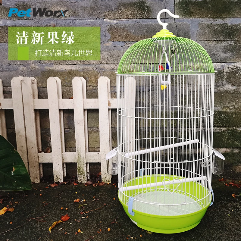 

Free mail black and white large round birdcage thrush tiger skin peony parrot pearl metal cage hanging spillproof food box
