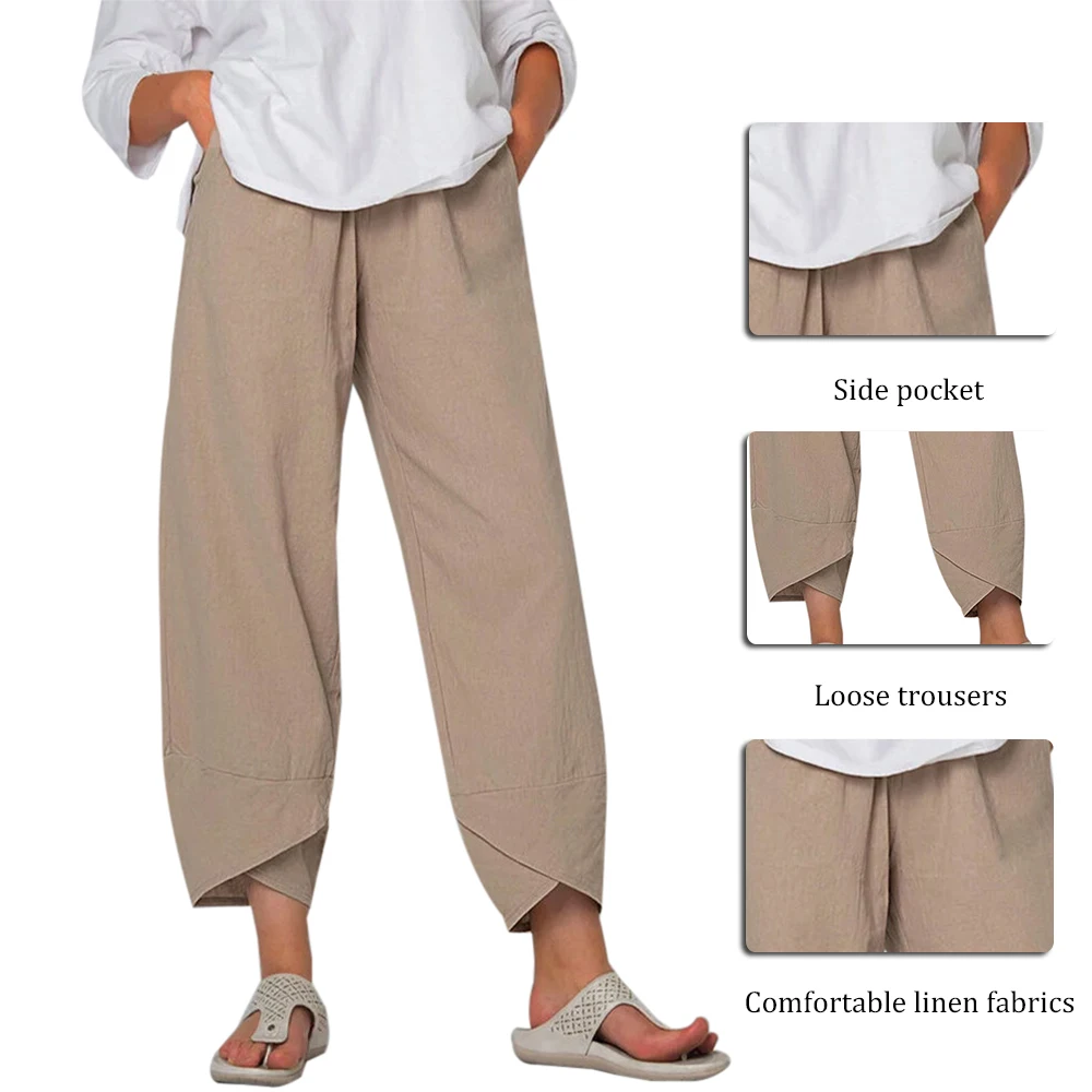 

2020 Vintage Linen Pants Women's Summer Trousers Casual Elastic Waist Asymmetrical Pantalon Female Cropped Pants Oversized 4XL
