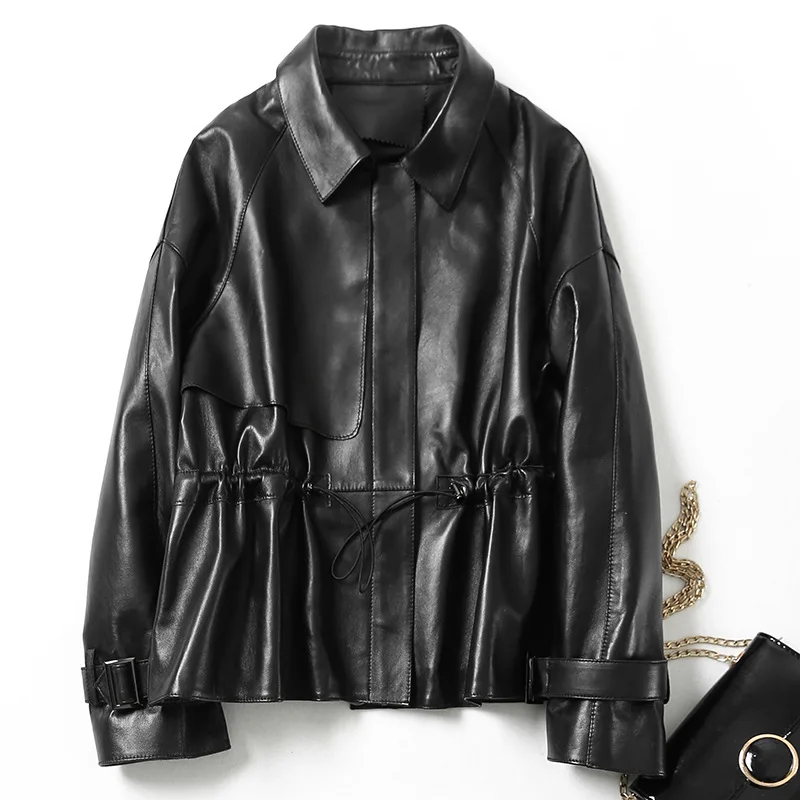 

Luxury Sheepskin Oversize Loose Drawstring Genuine Jacket Women Fashion Casual Designer Long Sleeve Real Leather Coats