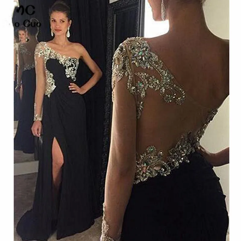 2019 одно плечо Вечерние платья Длинные с кристаллами вышитые бисером рукава
