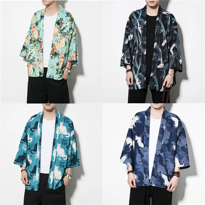 6 цветов традиционное японское кимоно пальто для мужчин хлопок Haori Yukata человек модный принт летний солнцезащитный крем рубашка кардиган