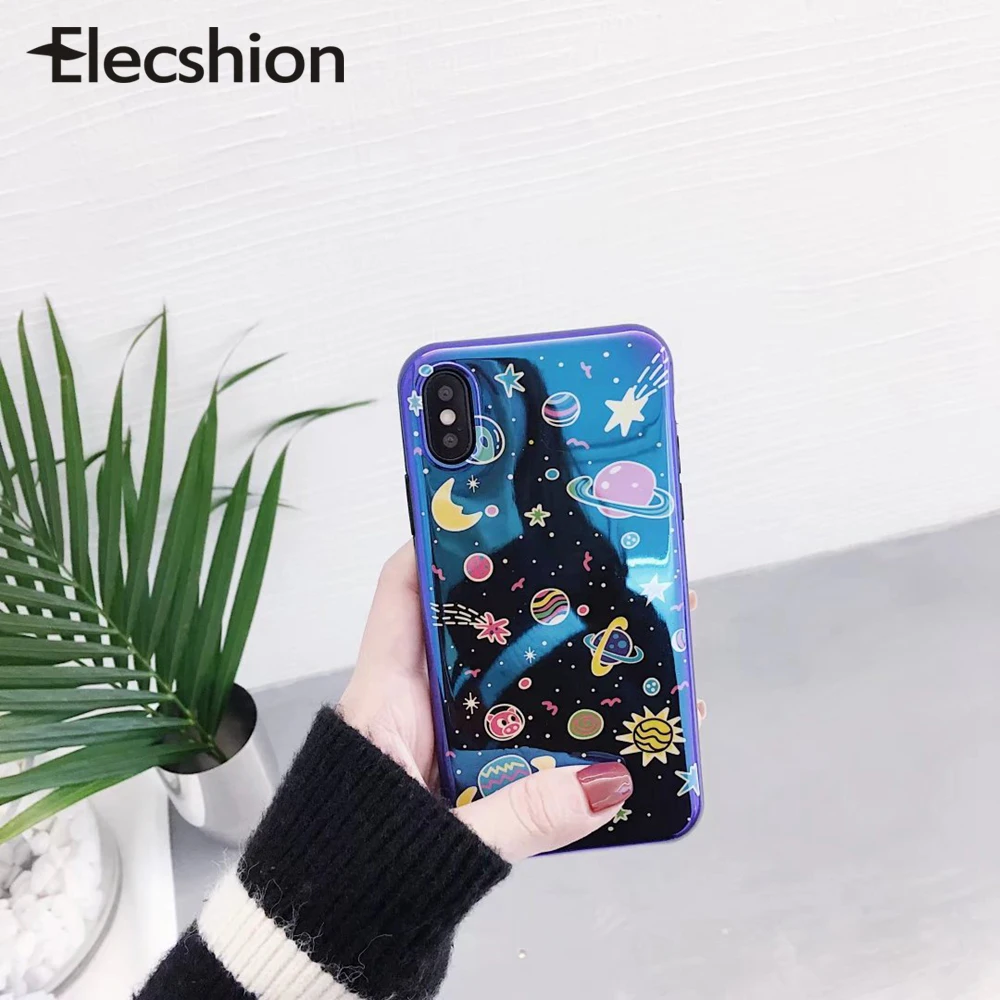Blue Universe Planet Phone Case For iphone X XR XS Max Mirror TPU soft Cover for 6s 7 8 Plus cartoon Pattern |
