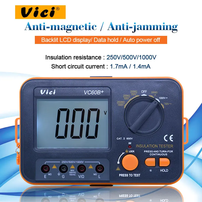Vici VC60B+ цифровой измеритель сопротивления изоляции тестер Мегаомметр Омметр Вольтметр DVM 1000V 2G w/lcd подсветка