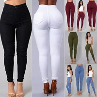 women solid color stretchy jeans casual high waist skinny pencil pants fashion slim butt lift legging black trousers plus size