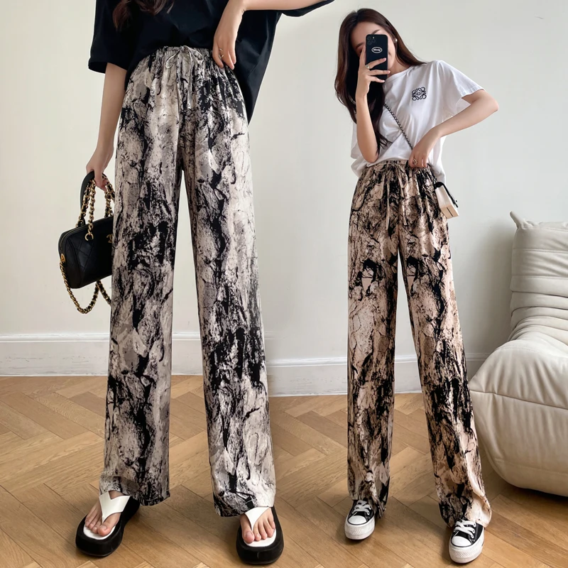 

Make ice silk chiffon wide-legged pants new female xia printing high waist feeling relaxed joker show thin casual pants