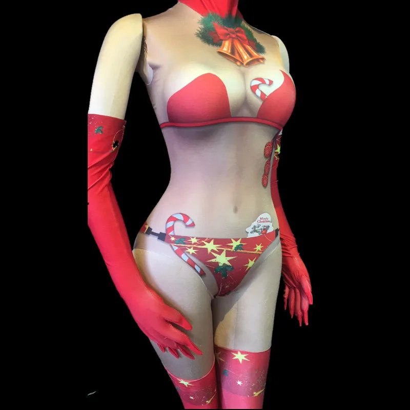 

New Women Christmas Style Party Performance Costumes Sexy Female Red Skinny Dance Jumpsuits Women's Acrobatics Stage Clothing