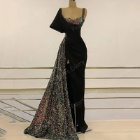 long black evening dresses 2021 high slit sweetheart sparkly sequin dubai african women formal gowns dubai robe de soiree