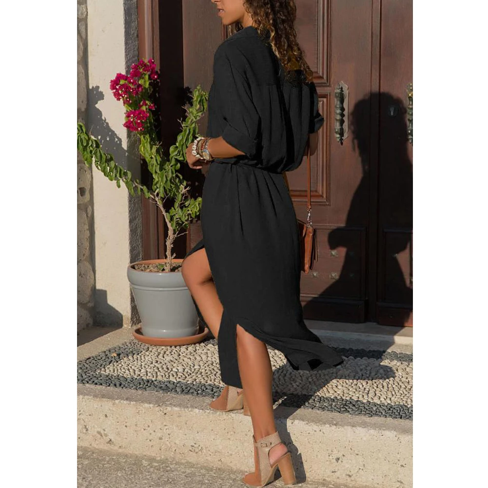 Bikitique свободное однотонное платье-рубашка с длинным рукавом и воротником для