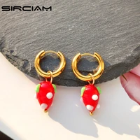 korean strawberry golden stainless steel hoop earrings for women ceramic fruits drop dangle earring y2k jewelry 2022 new trend