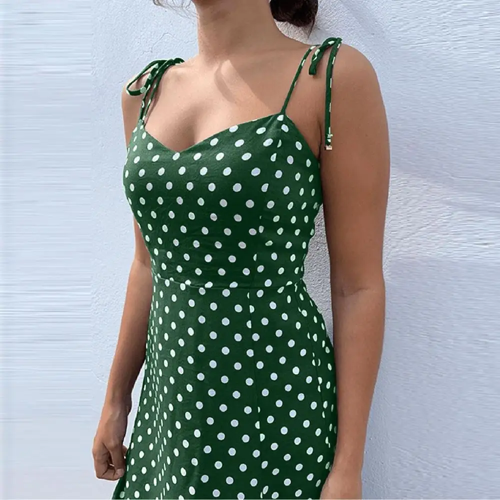 

Dresses 2020 Sundress Summer Women Causal Polka Dot Sleeveless Pleated Elastic Waist V-Neck Beach Dress Vestidos De Verano Q40