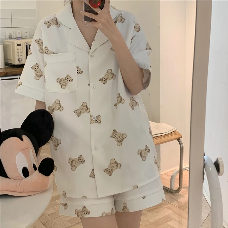 Cartoon Print Summer Pajamas Set Women Single Breasted Shirts + Shorts Sets Two Piece Home Suit Kawaii Bear Cotton Homewear