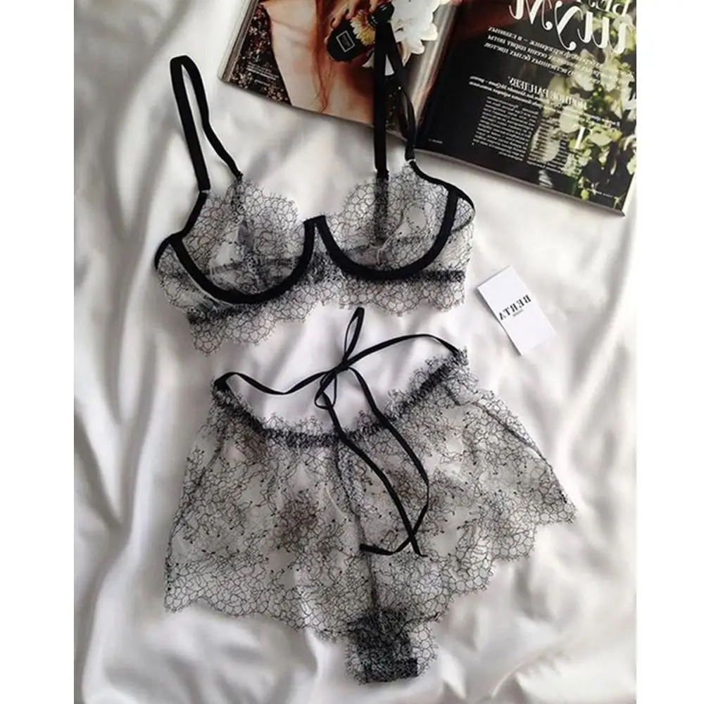 Сексуальный комплект нижнего белья Babydoll женское черное кружевное вязаное