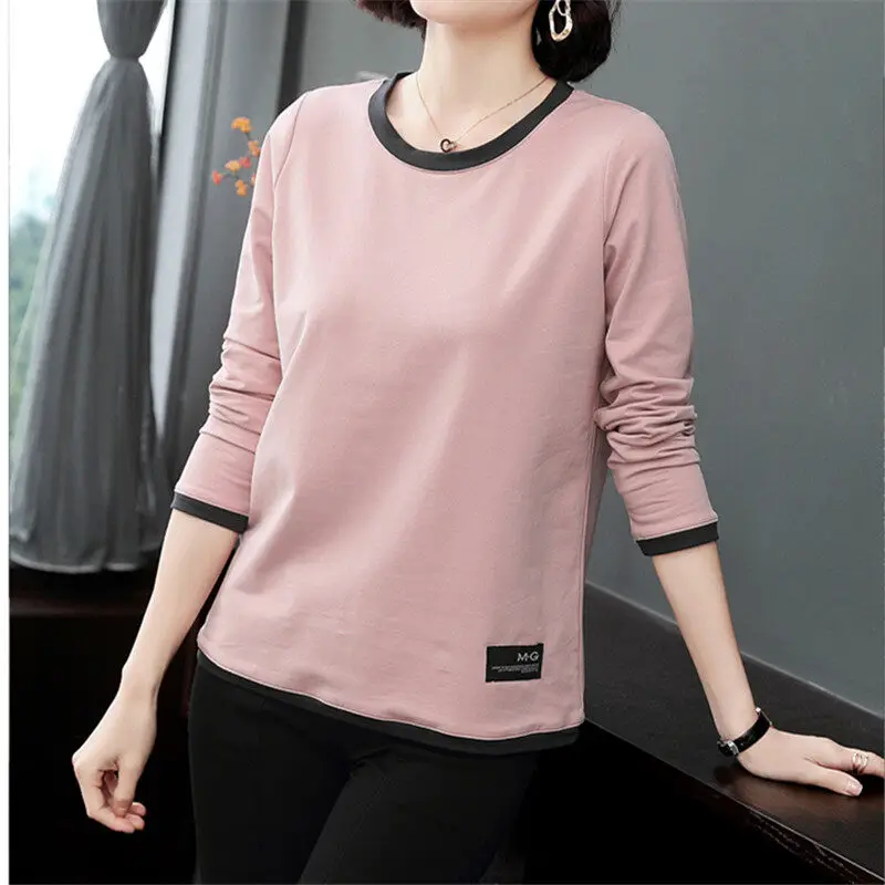 

Женская футболка из чистого хлопка, осенний Новый стиль, Свободный Повседневный Топ, универсальная женская одежда с длинным рукавом
