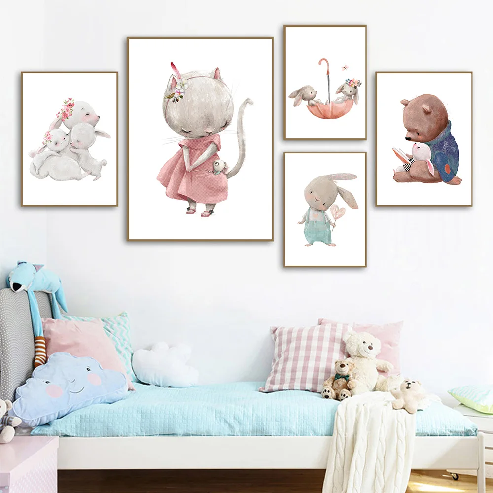 

Bear Rabbit Art Canvas Print Baby Bunny Poster Nursery Painting Flower Animals Wall Art Nordic Poster Picture Kids Room Decor