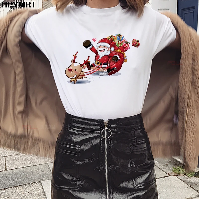 

Cute Santa Claus and Reindeer Print T-Shirt Women hipster Loose Casual New Summer Streetwear top Harajuku Christmas Ladies tee