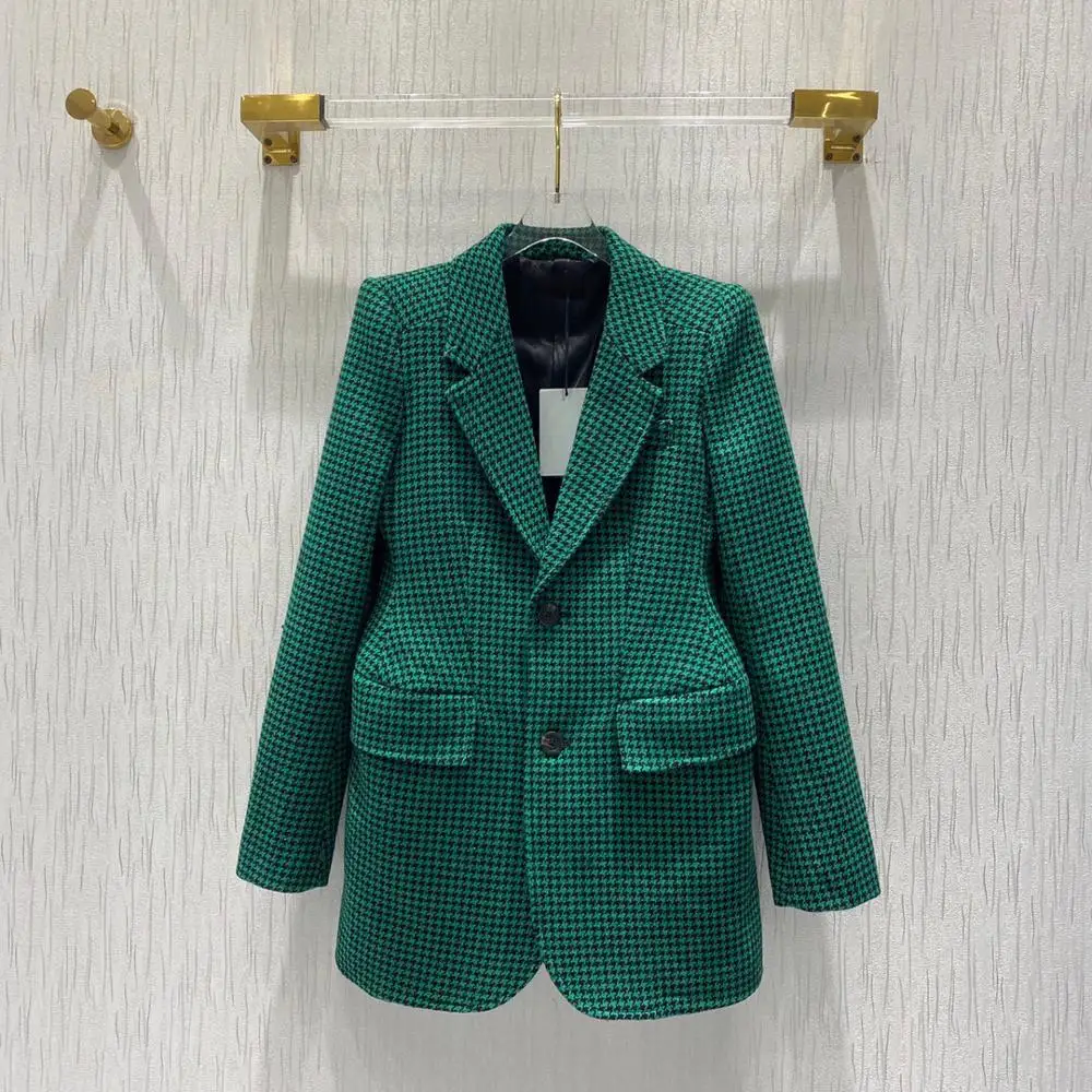 

Minimal Luxury Design Style Green Houndstooth Print 75% Wool 2021 Fall Winter Collection Single Breasted Blazer
