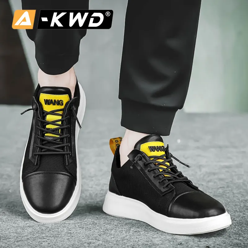 Мужские кожаные кроссовки на резиновой подошве черные или желтые дышащие с