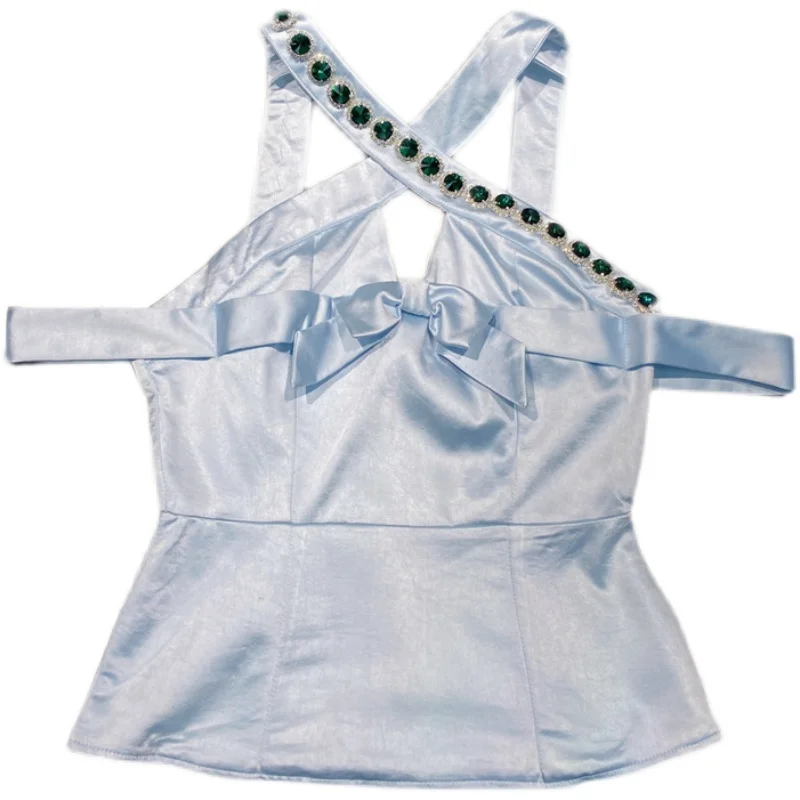 

2021 Summer New Single-Side Diamond Cross-Halterneck Sexy Tube Top Satin Vest Women's Top