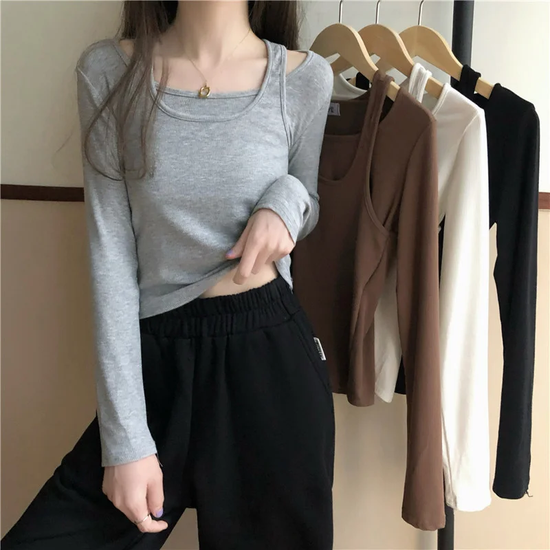 

Fake Two-piece Long-sleeved T-shirt Women's Spring and Autumn Korean Style Slim-fitting Short Slimming Inner Bottoming Shirt.Kio