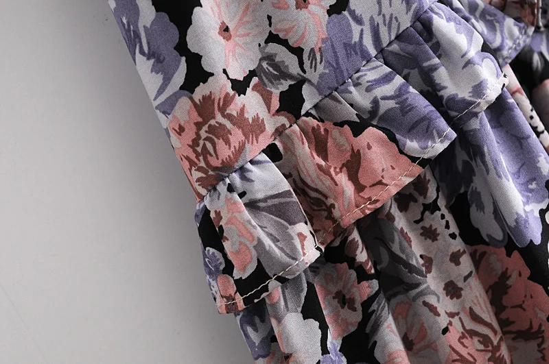 

New Flora Summer Print Dress Layered Dress Back Lace-Up Short Sleeve Ruffles Collar for Women and Girls Elegent Style