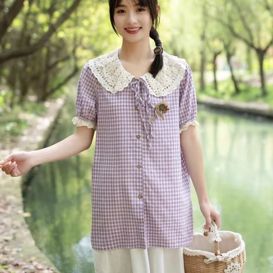 

Summer new double-layer embroidery flower collar short sleeve single breasted plaid shirt top female