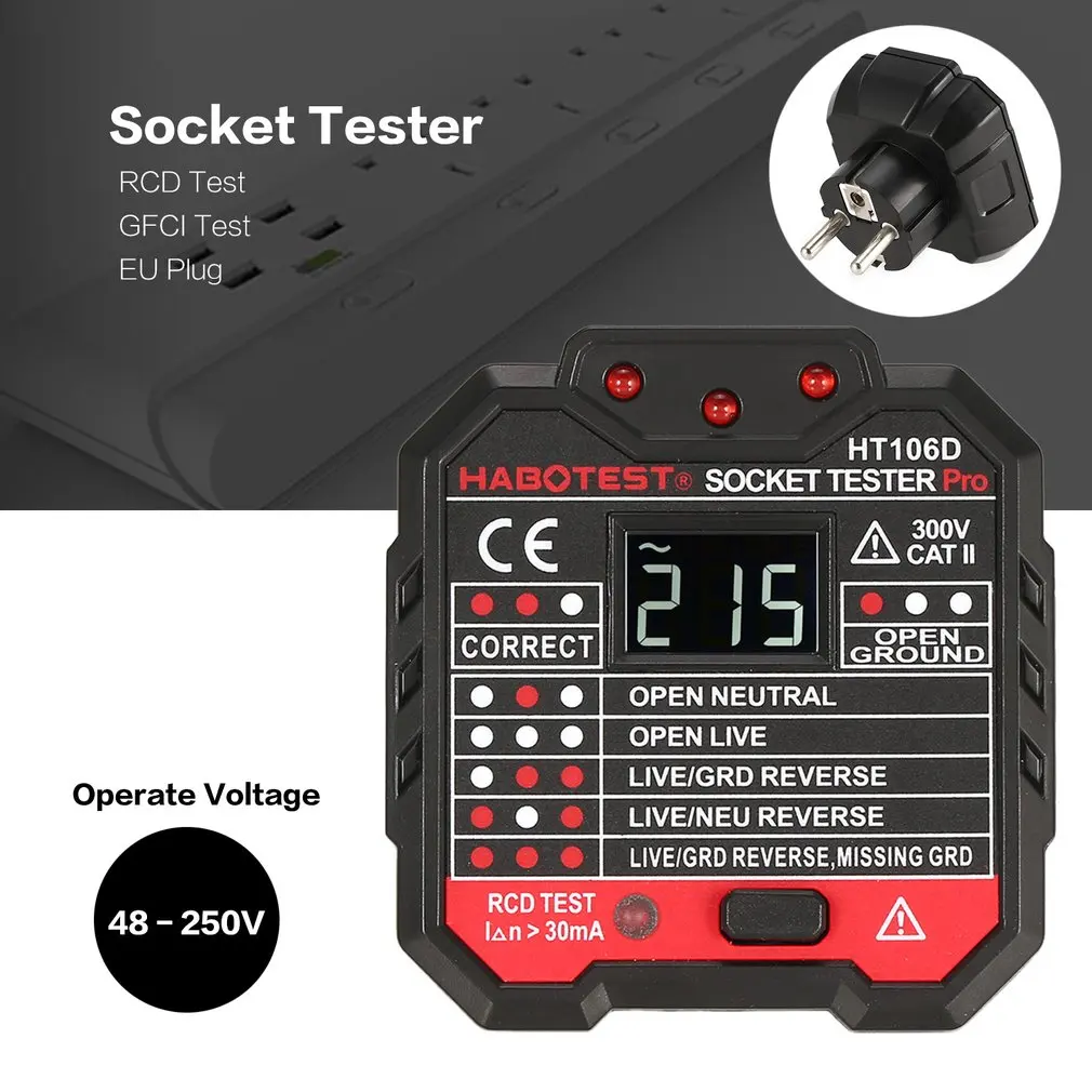 

HABOTEST HT106D Socket Testers Voltage Test Socket detector EU Plug Ground Zero Line Plug Polarity Phase Check
