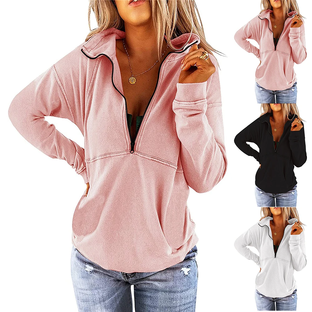 

Women's Half-Zipper Collar Loose Casual Long T-shirt Top Plain Autumn Plain Hoodie Ladies Long Sleeves Outwearing Tops Clothes
