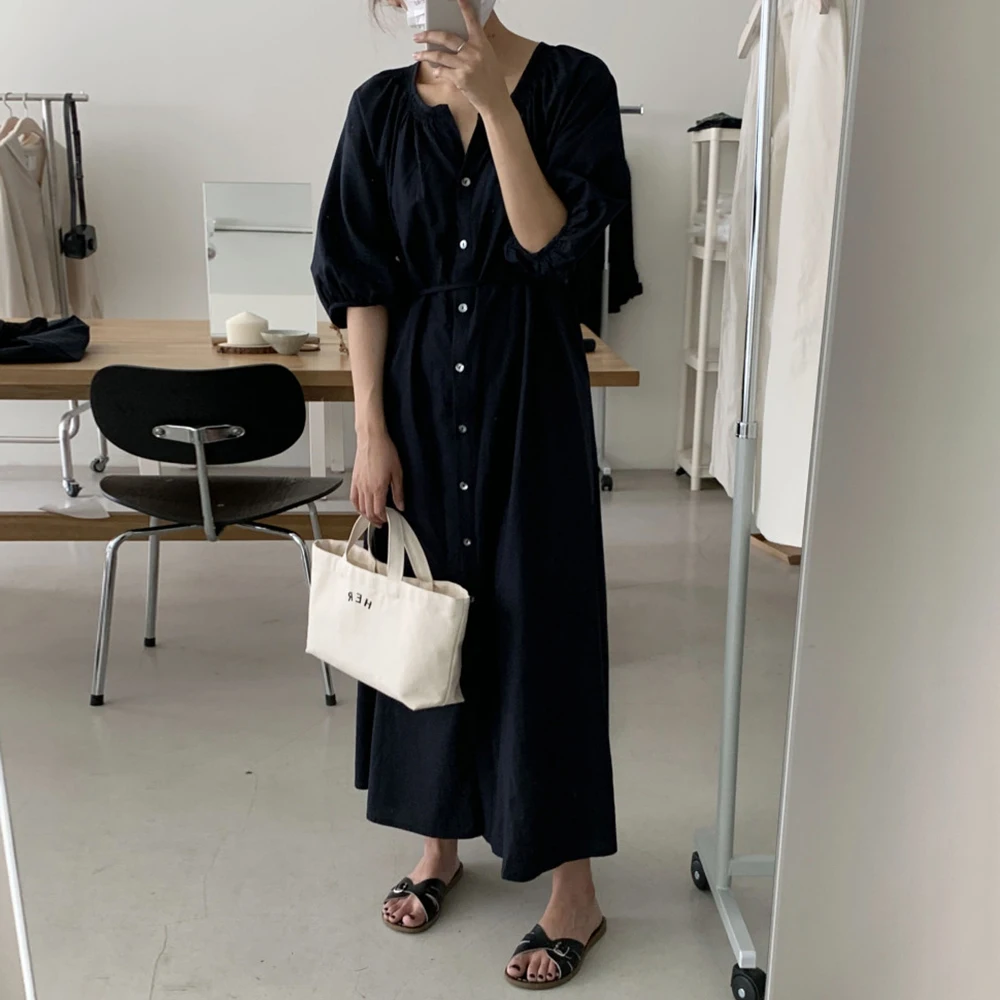 

2021 Summer Dress New Korean Ins Simple O- Neck Single Breasted Lantern Sleeve Lace High Waist Patchwork Lace-Up Button Casual