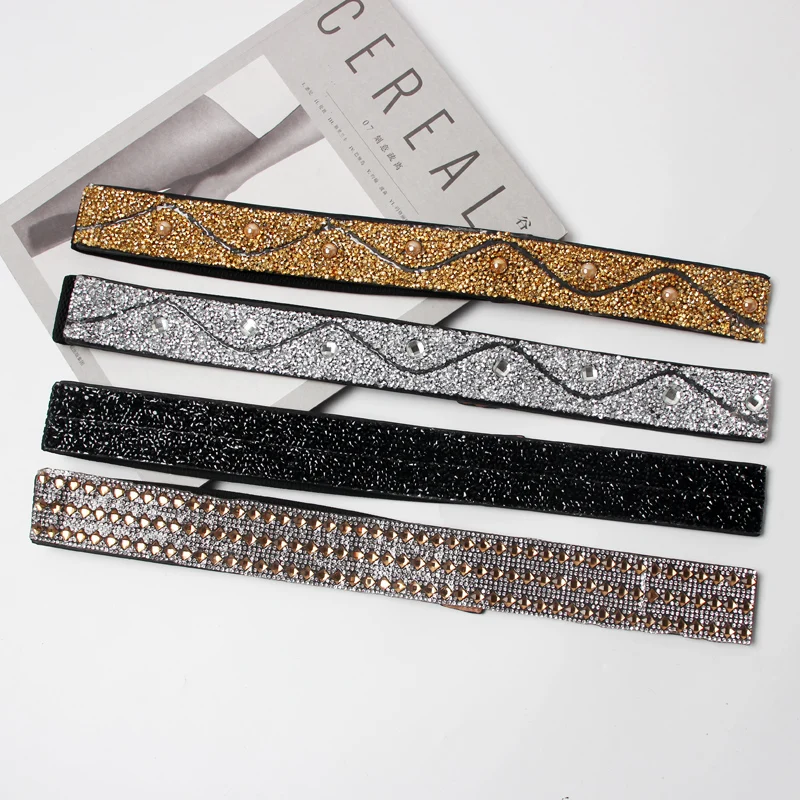 

2020 New Luxury Female Vintage Strap Faux Leather Elastic Belt For Women Crystal Beads straps casual black Corset Dress belt