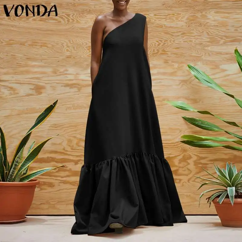 

Sexy One Shoulder Dress Women Evening Party Maxi Dresses 2022 VONDA Casual Loose Swing Bohemian Dress Beach Vestidos