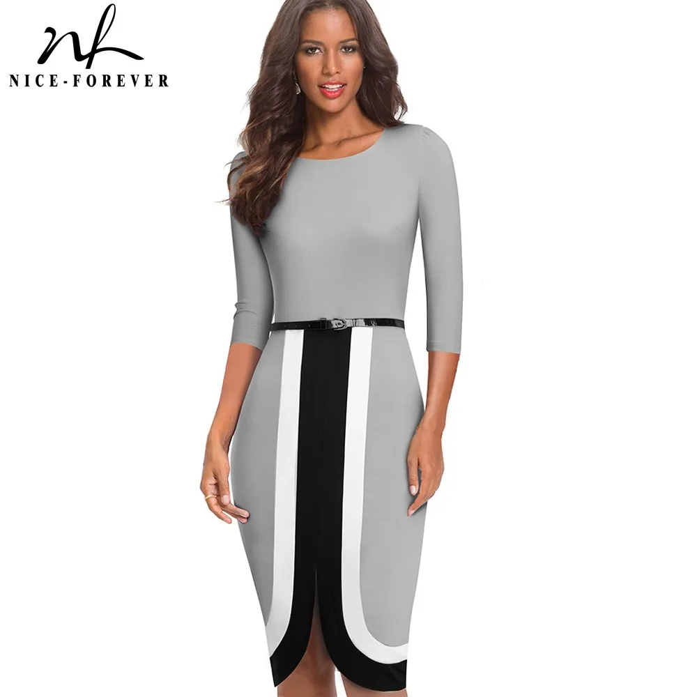 Женское платье Nice forever облегающее футляр контрастного цвета с поясом btyB549|Женские