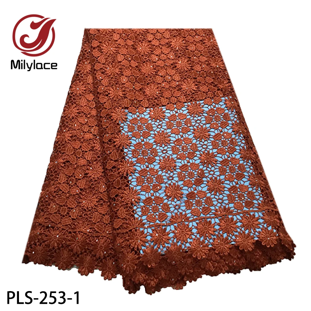 

Milylace red rose Nigerian guipure lace fabric 5 yards flower embroidery cord lace fabric with stones for lady dresses PLS-253