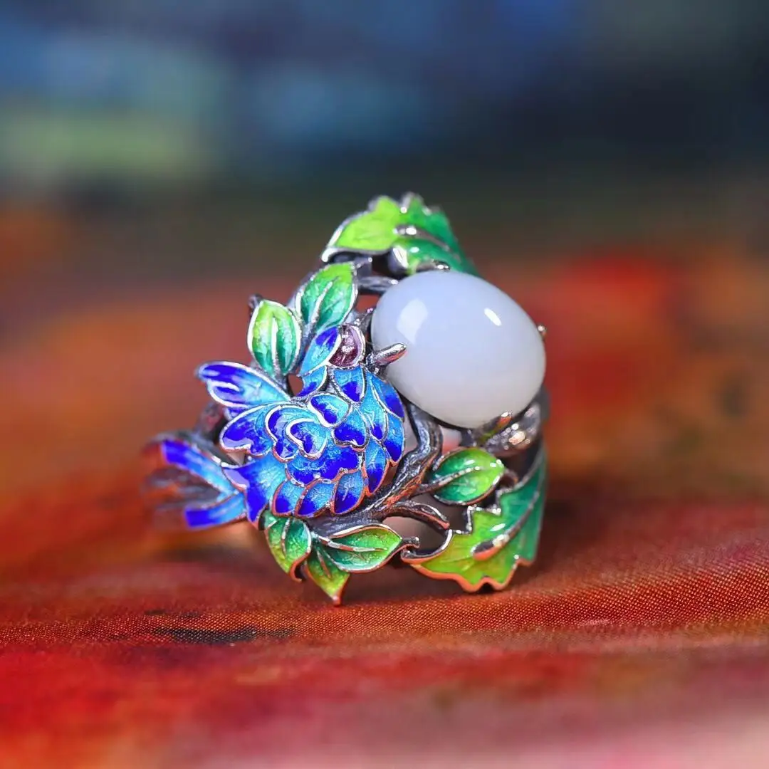

Natural 925 Silver Inlaid Hetian Jade Enamel Peacock Ring