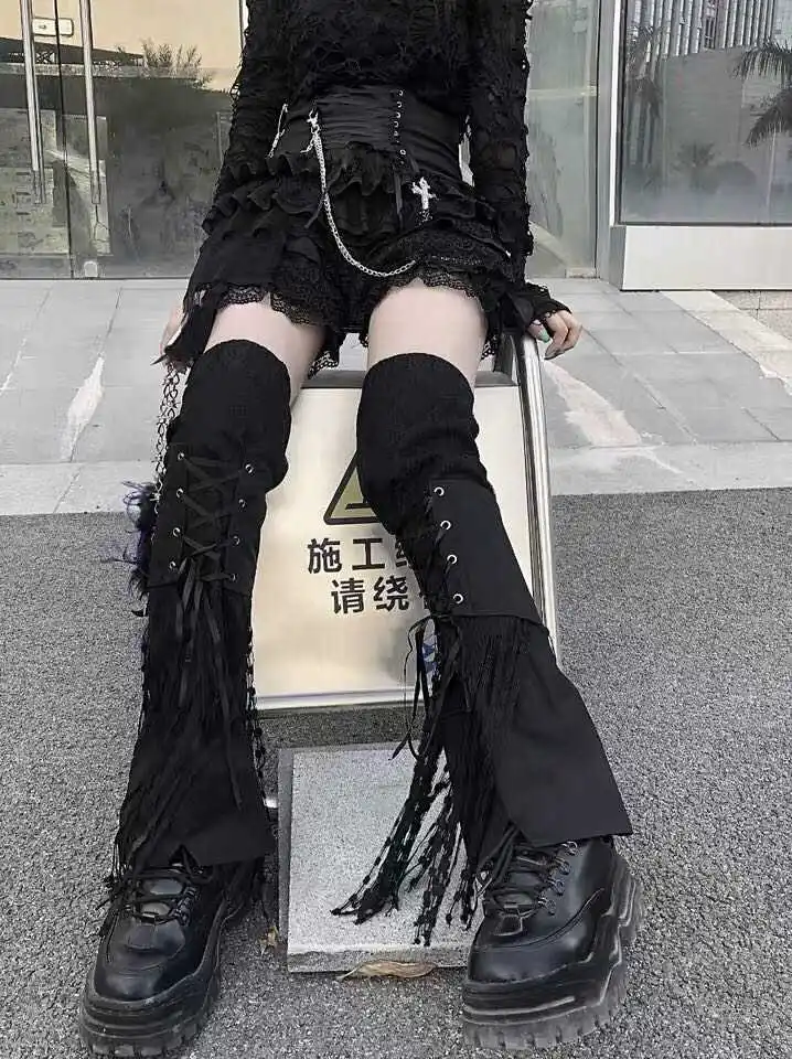 

Punk Gothic lace-up Harajuku Japanese over the Knee Leg Warmer Foot Sock black flare knee sleeve Leg Cover
