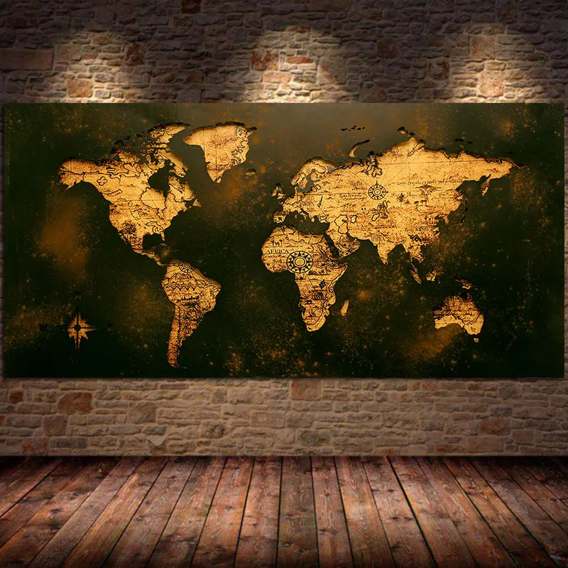 

Black Gold World Map Picture Canvas Painting Modern Classic Style Wall Art Abstract Mural Decor for Living Room Cuadros Unframed