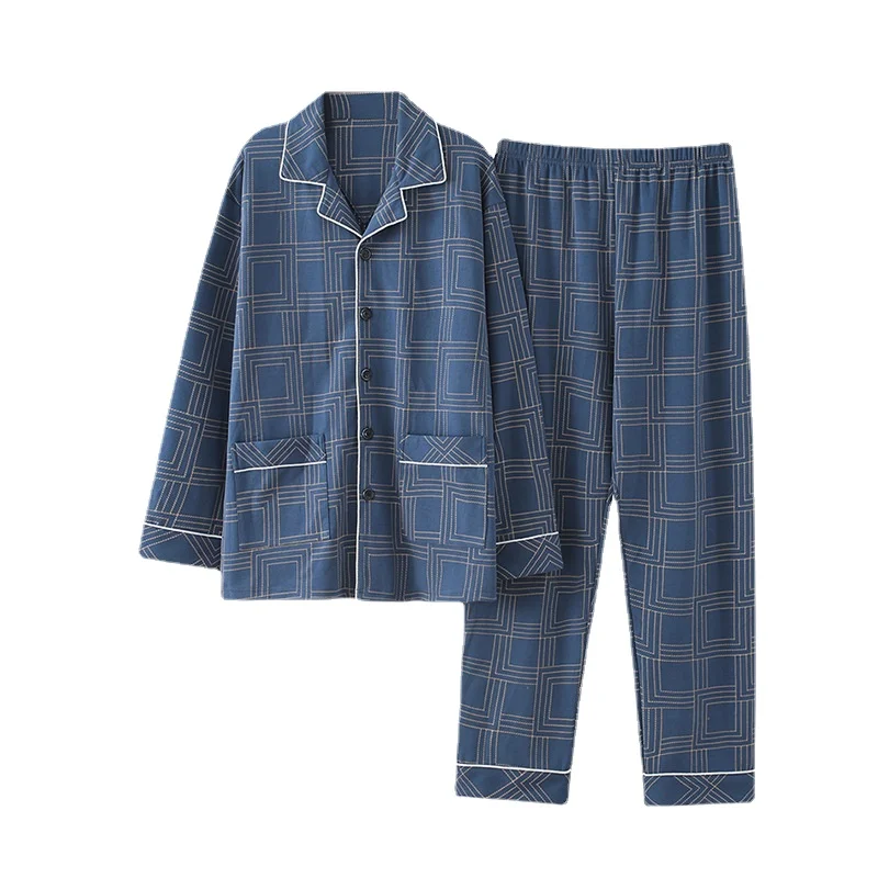 Men's pajamas spring and autumn long-sleeved large size thin pajamas middle-aged plaid home service set large size 4XL