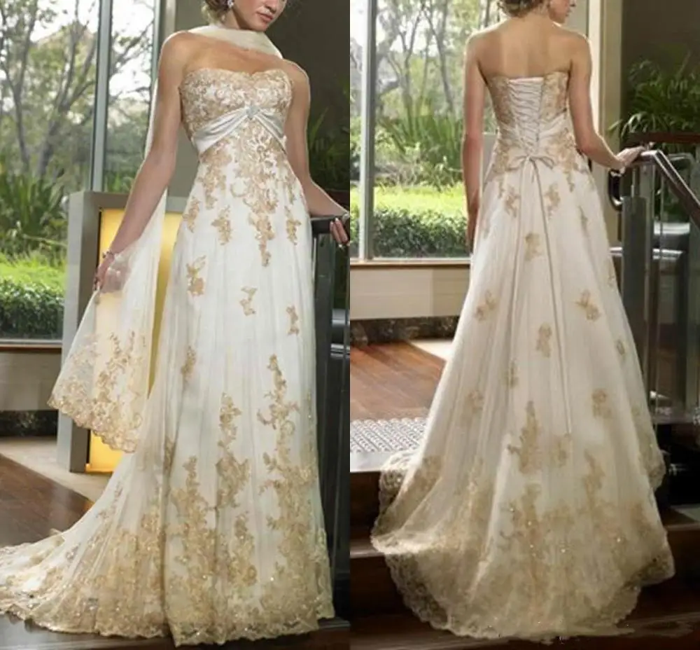 

Vintage Ivory And Gold Wedding Dress For Women Appliqued Lace Strapless Sleeveless Long Bridal Gown Plus Size Bride Vestidos