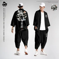 men chinese style black print cardigan jacket and pant man kimono samurai costumes streetwear haori asian yukata