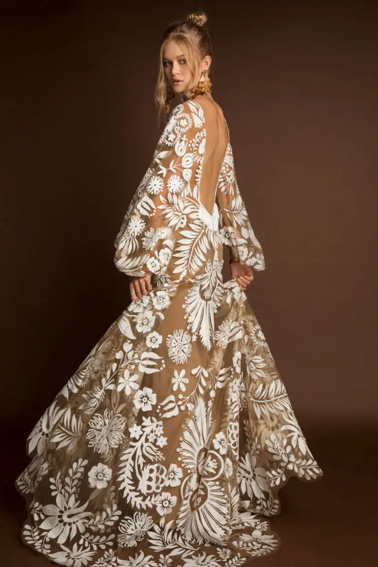 

2019 new European and American foreign trade women's dress wish deep V mesh embroidered bubble sleeve open back dress