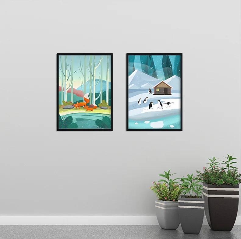 Cute Cartoon Animal Scene Decorative Painting Children's Room Living Bedroom Mural Lion Fox Nursery Baby Decor | Дом и сад