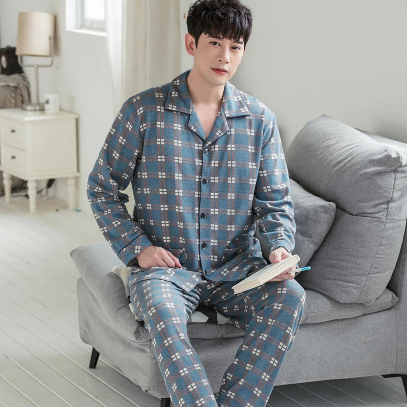 New Spring 100%Cotton Men Pajamas Set Striped Pijamas Long Tops+Long Pants Two Pieces Set Men's Pyjamas Plus Size Male Nightwear