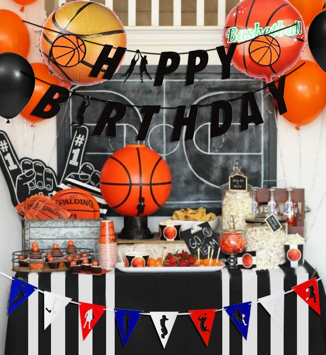 

Sport Theme Birthday Decoration Basketball Foil Balloon Pennant Banner Cake Topper Black Latex Balloon for Boys Party Supplies