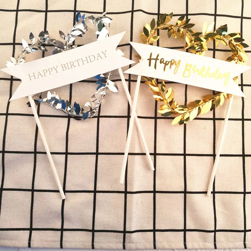 Золотой/Серебряный венок Топпер для торта на день рождения зеленый лист кекс