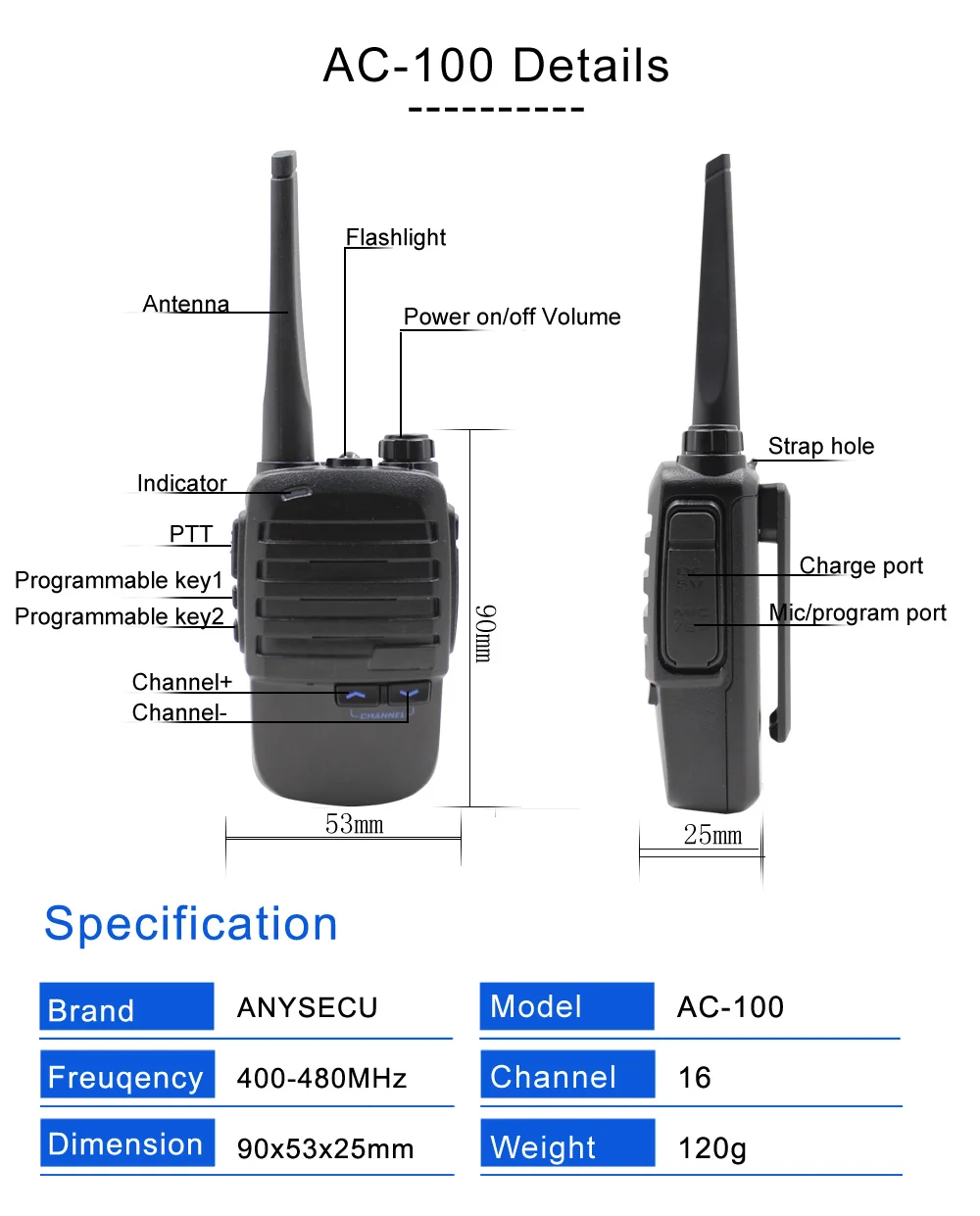 Мини-рация ANYSECU AC-100 профессиональная мощная UHF 400-480mhz рация двухстороннее радио
